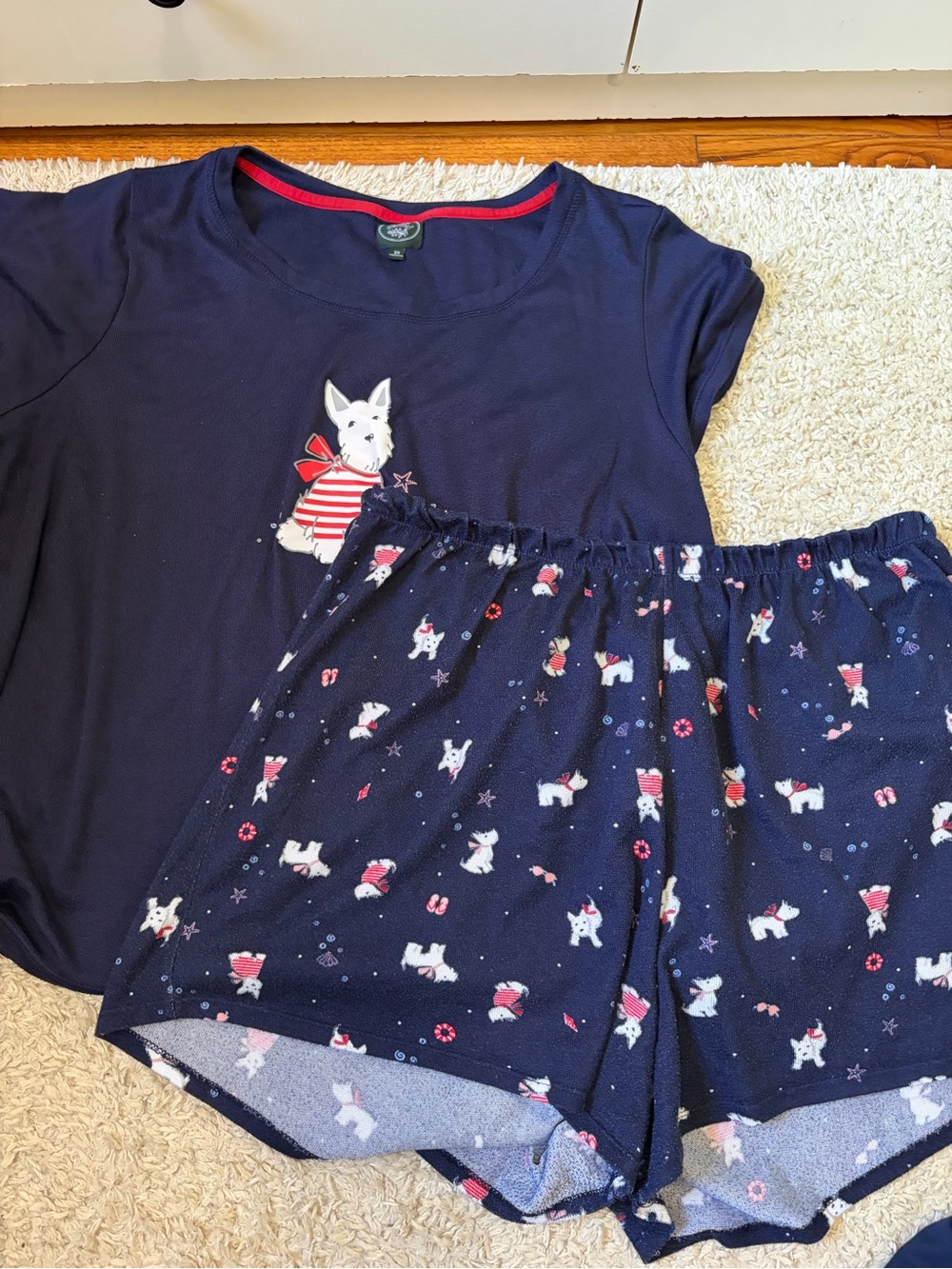 Women’s Navy Dog Print Pajama Set - Short Sleeve Top & Shorts
